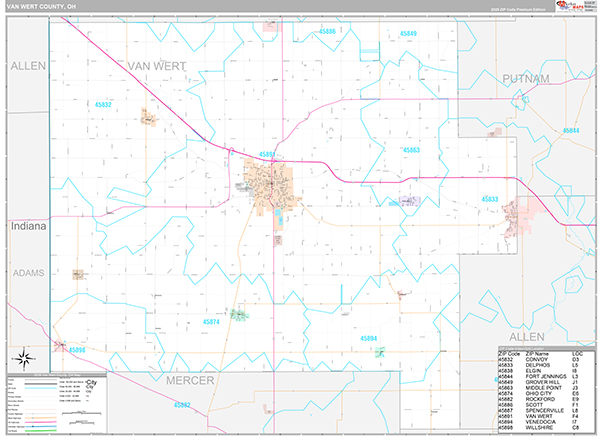 Van Wert County, OH Zip Code Map